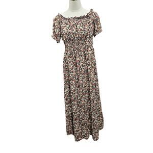 Floral Smocked Maxi Dress Off Shoulder Puff Sleeve Boho Cottagecore Size M/L